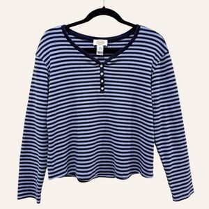 Vintage Talbots Striped Cotton Long Sleeve Henley Top Size M Blue Navy